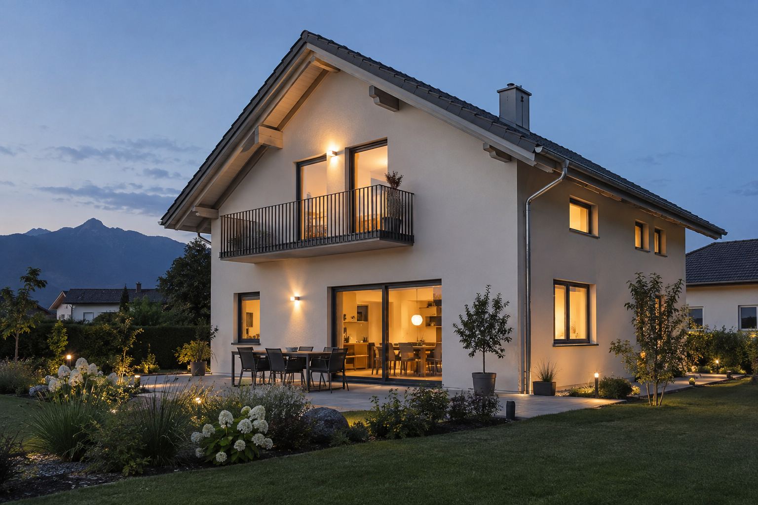 Einfamilienhaus mit neuer Fassade im Abendlicht