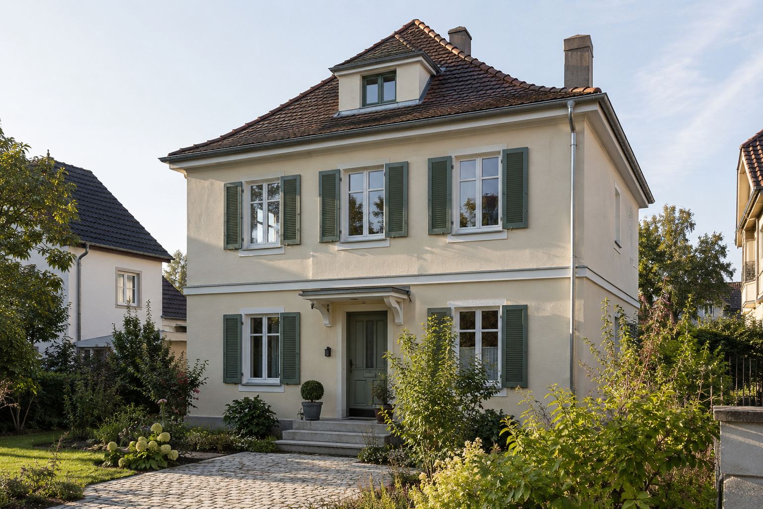 Villa mit sandbeiger Fassade und grünen Fensterläden
