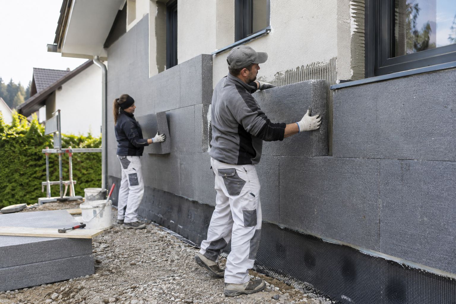 Zwei Handwerker kleben Dämmplatten an eine Hausfassade